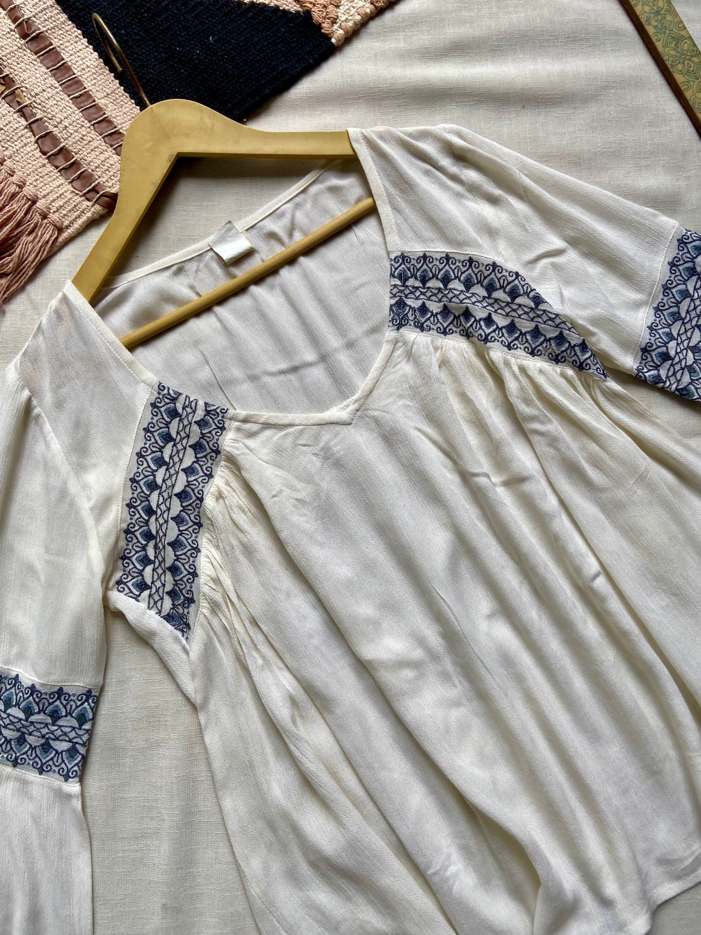 Boho White Flared Sleeve Top with Blue Embroidery