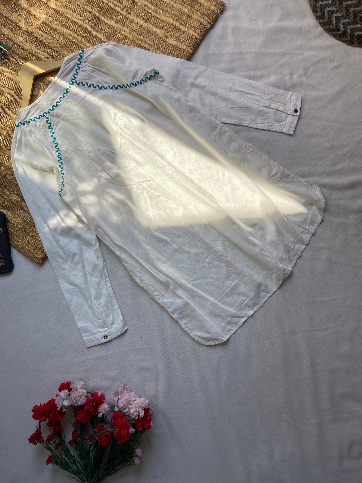 Off-White Cotton Kurti with Blue Thread Detailing