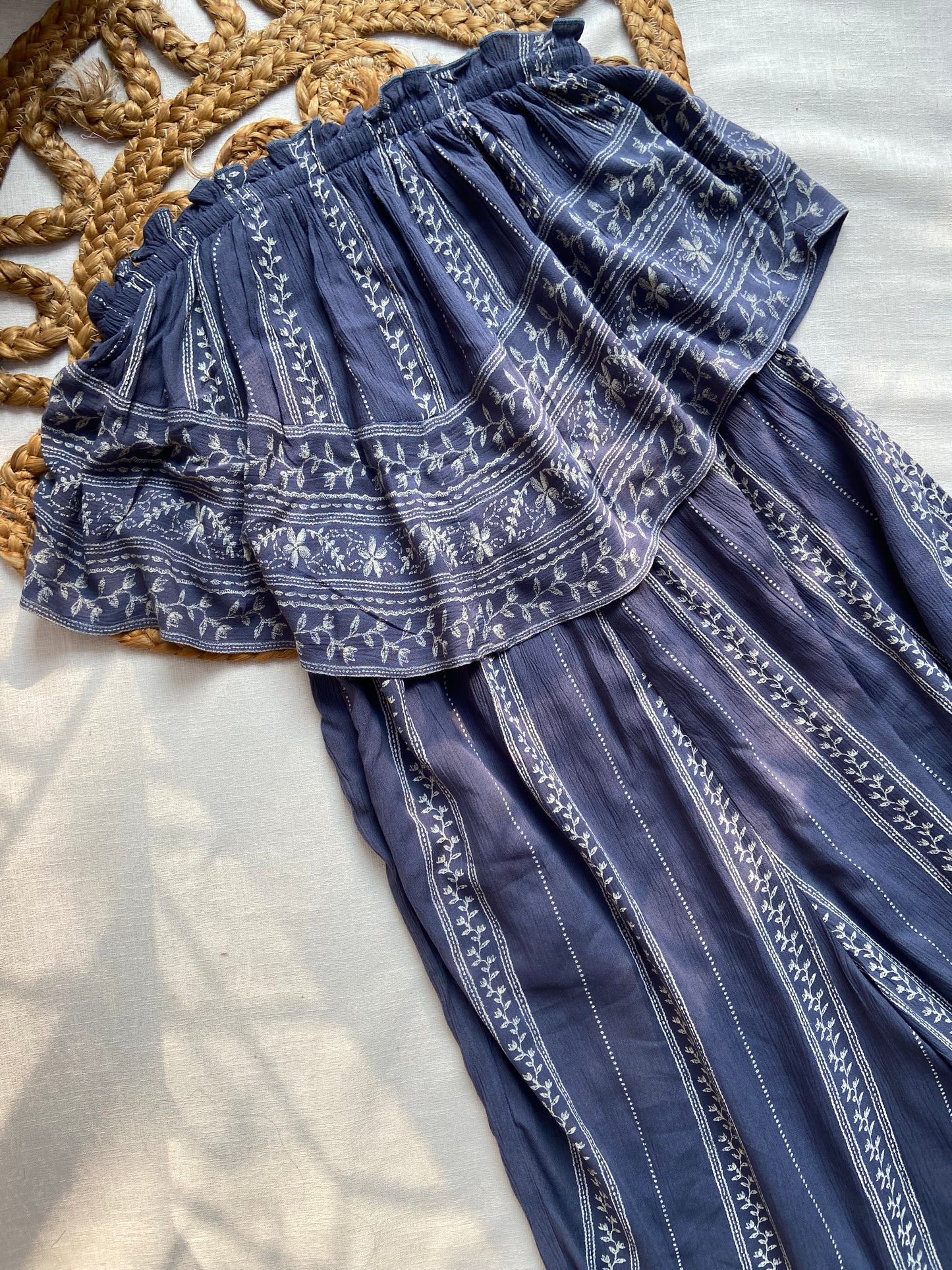 Women’s Blue Off Shoulder Printed Flared Jumpsuit