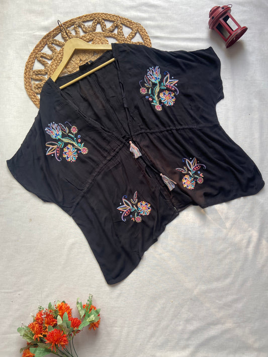 Black Embroidered Kimono Shrug for Women