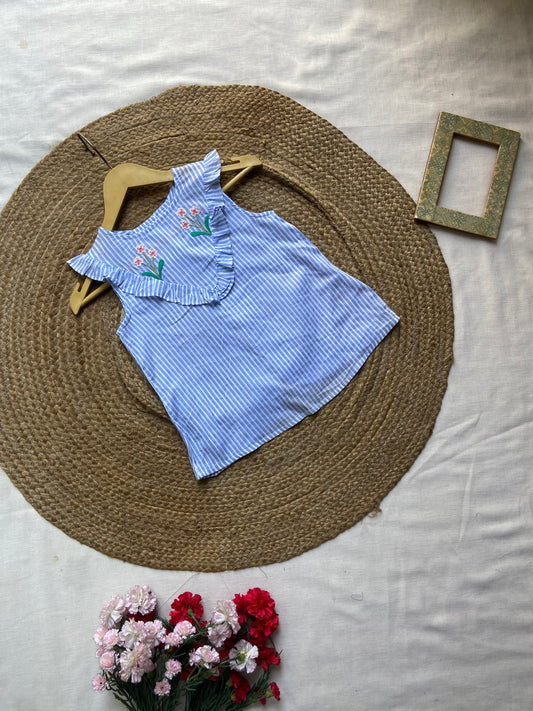 Girls' Blue Striped Sleeveless Cotton Top – Embroidered Floral Detail with Ruffle Neck