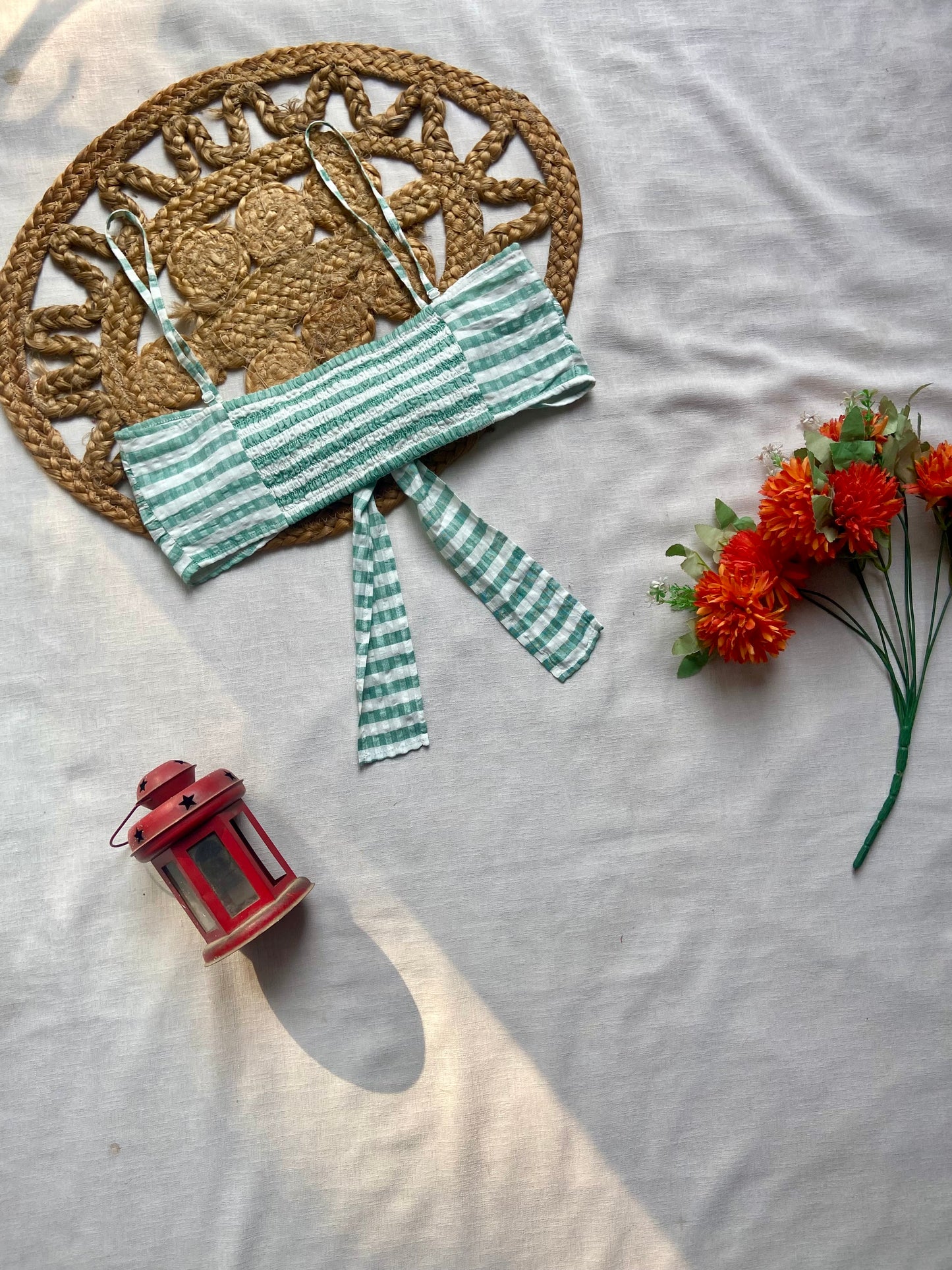 Women's Green & White Striped Tie Front Crop Top