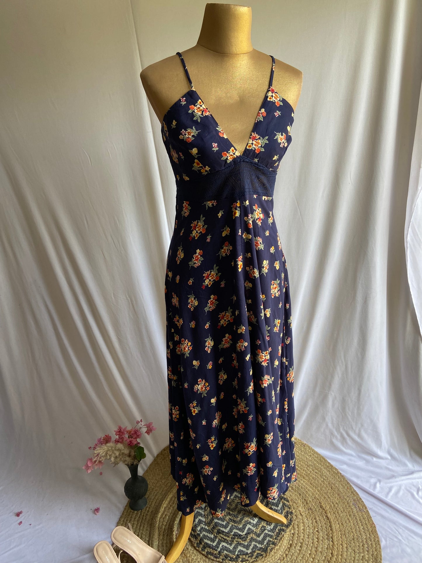 Navy Blue Floral Spaghetti Strap Maxi Dress