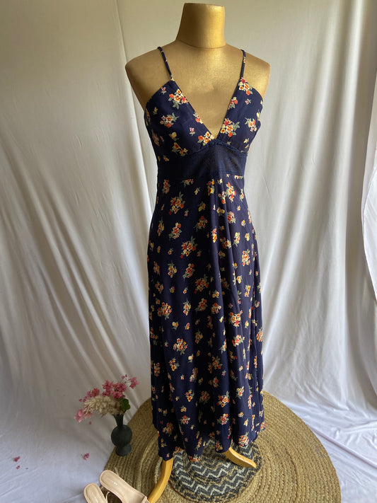 Navy Blue Floral Spaghetti Strap Maxi Dress