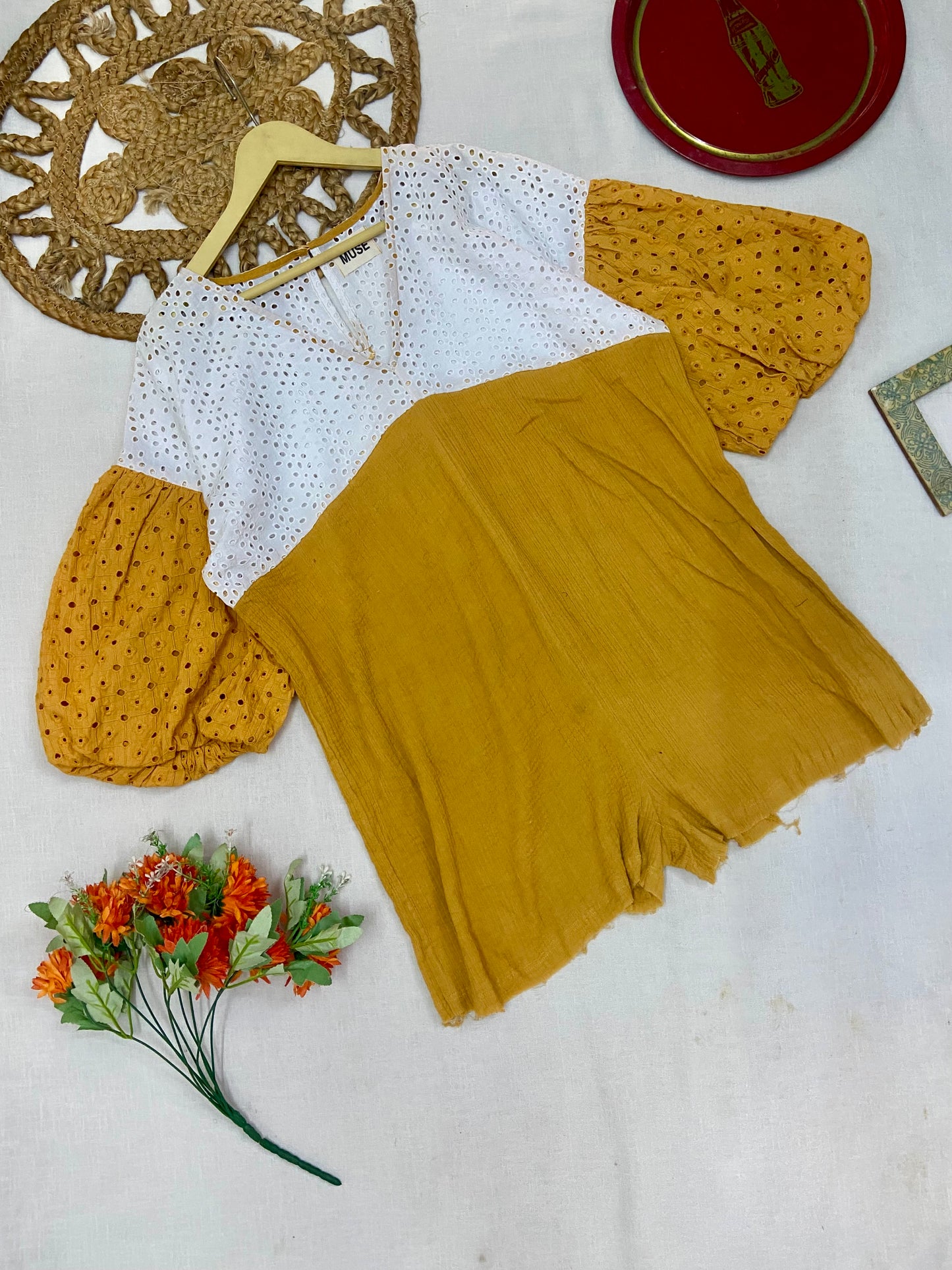 Women’s Mustard Yellow & White Cotton Top with Puff Sleeves