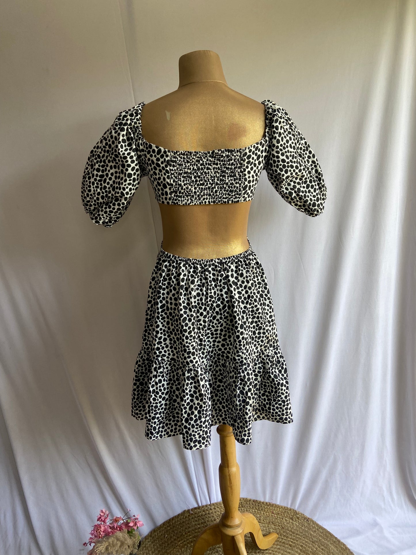 Polka Dot Puff Sleeve Dress with Front Cut-Out and Tiered Hem