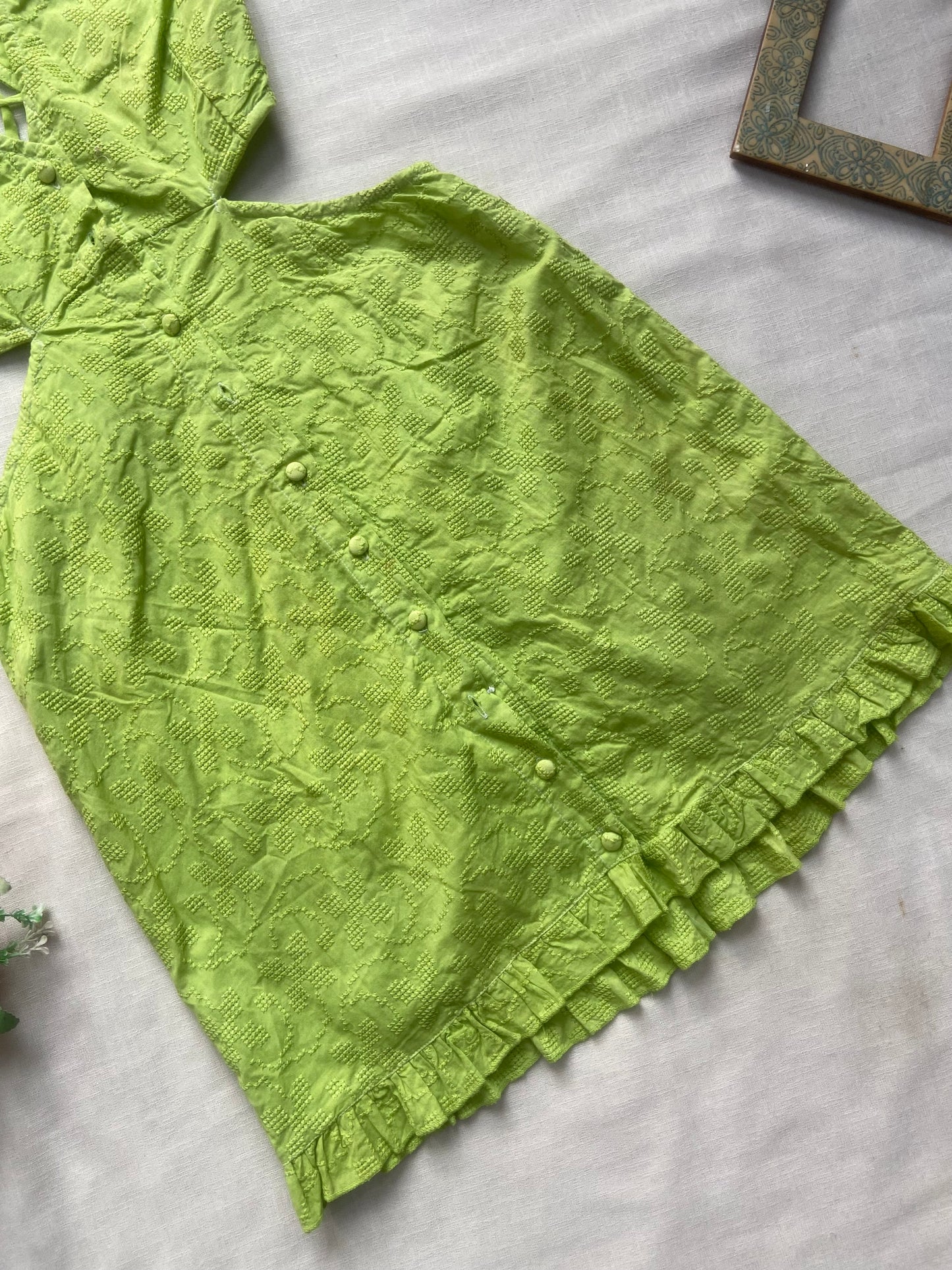 Women’s Lime Green Cut-Out Front Buttoned Dress with Ruffle Hem