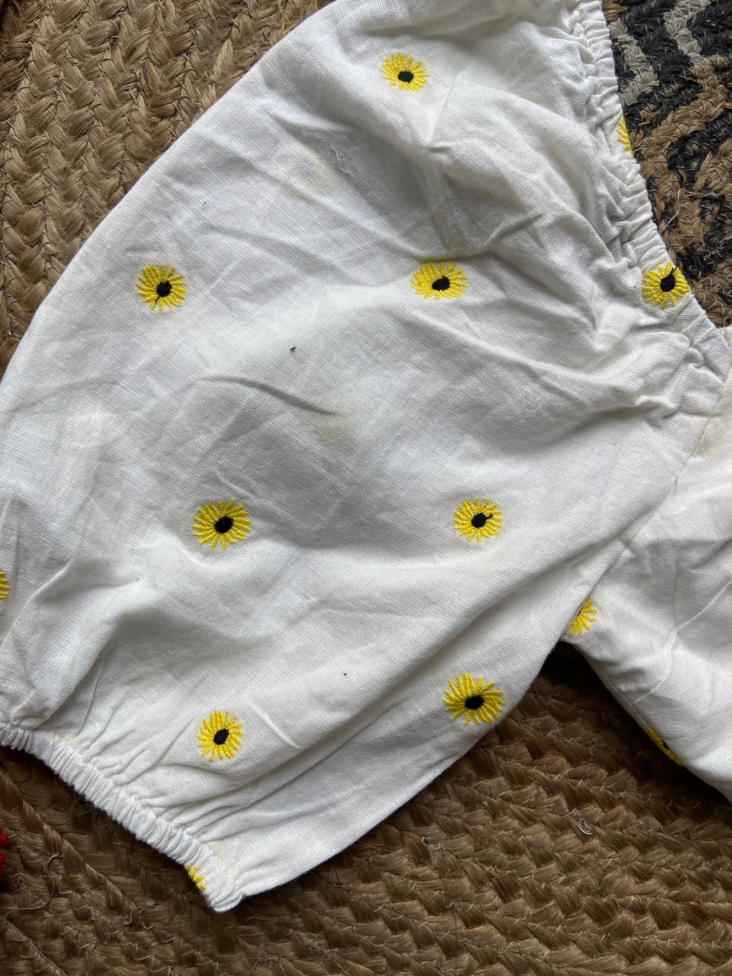 Girls' White Front-Knot Crop Top with Yellow Floral Embroidery